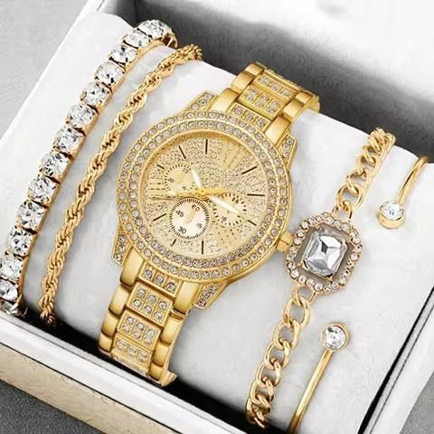 5Pcs/Set Unisex Jewelry Watches Women's Wristwatch Accessories Gold Trendy Fashionable Elegant Class