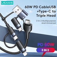 USAMS 1.2M  60W 3 in 1 USB IP Type C Micro Cable  Fast Charge Cable  Data Cable For 1phone15 Android