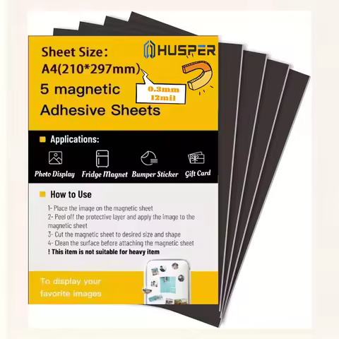 HUSPER Size A4 0.3mm(12 mil) 5 Sheets Flexible Magnet Sheets with Self Adhesive Sticky Magnetic Pape