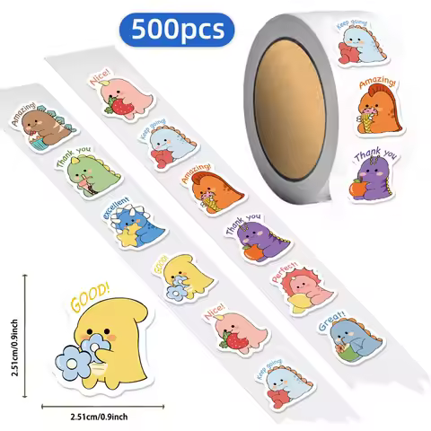 500PCS Creative English Reward Dinosaur Roll Stickers, Label Sealing Stickers, Phone Cases, Computer