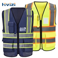High Visibility Reflective Vest with Multi Pockets Safety Vest Zip Front Hi Viz Security Waistcoats 