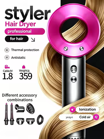 Portable Quick-Drying Hair Dryer, Leafless, Negative Ion Hair Care, Curling Tips, Professional Styli