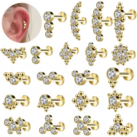 AOEDEJ 16G 1PC Gold Plated Lip Studs Crystal Labret Piercings Stainless Steel Zircon Helix Conch Ear