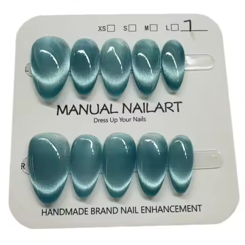 Magnetic Cat's Eye Nails 10pc French Almond Shape Cat's Eye Crystal Handmade Press On Nails Sparklin
