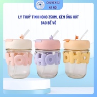 HOHO Glass Cup with Colored Lid 350ml with glass straw