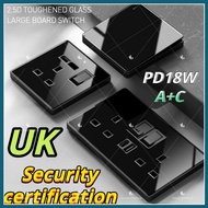 [Black frameless full glass] Switch socket 13A USB+C British power socket universal (3/5) pin standard socket 1/2/3/4g/1way 2way/light/water heater/air conditioner/doorbell switch
