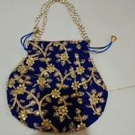 Indian pouch bag, indian potli bag, drawstring model, embroidered and beaded motif