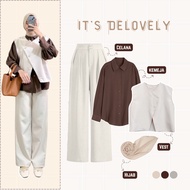KEMEJA Suit 4-in-1Wanita Kimmy/ Vest + Wolfis Shirt + Highwaist Knit Pants + Polycotton Hijab Simple