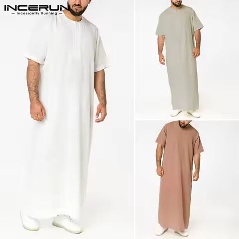 Saudi Style Zipper Jubba Thobe INCERUN Men Solid Color Robes Man Vintage Short Sleeve O Neck Muslim 