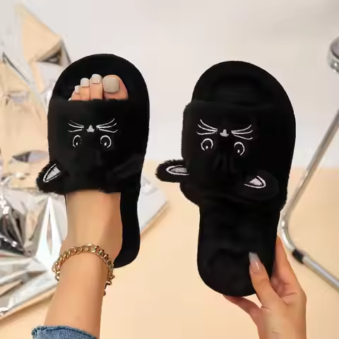 Casual Fluffy Slippers Women Home Flat Cat Cartoon Luxury Designer Shoes Girls Autumn Elegant Indoor