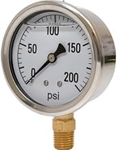 41 Series 2.5" 200 PSI Pressure Gauge - Stainless Steel, 1/4" NPT Brass Bottom Mount, Glycerin Fille