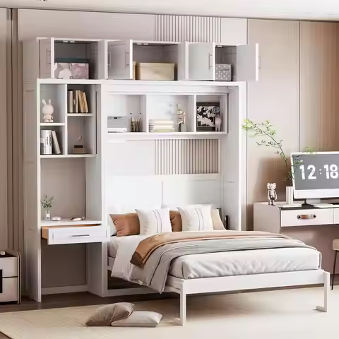 Full Size Murphy Bed with Desk, Top Cabinet & Storage Shelves, Space-Saving Foldable Bed in White