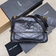 ✨YSL saint laurent Niki 黑標logo復古牛皮革單肩斜挎包 中號 女款 黑色