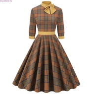 Women Vintage Plaid Dress With Pocket Rockabilly Cocktail Party 1950s 40s 50s Swing Dress Long Sleev