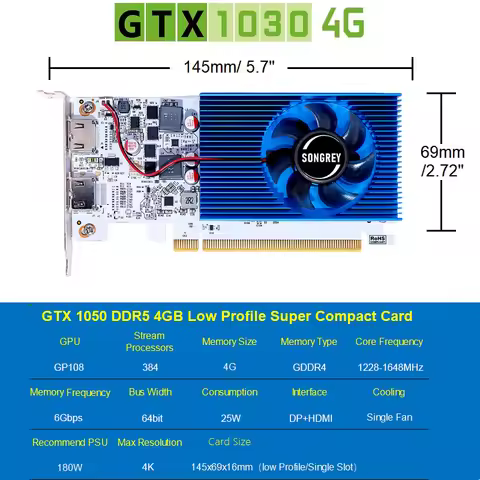 SRhonyra GT 1030 Low Profile Graphics Card,2/4GB GDDR4 64bit PCIe 3.0 HDMI+DP Outputs Video Card for
