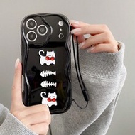 1pc DIY Cartoon Bow Tie Cat Fishbone + Silicone Short Rope Cream Shell Phone Case Compatible With Ip