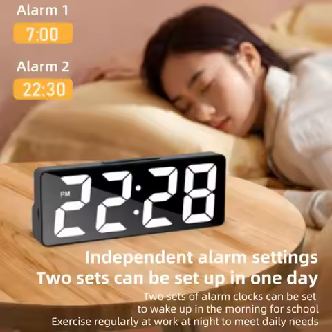 Voice Control Digital Alarm Clock Temperature Date 2 Alarm Snooze Night Mode Table Clock 12/24H USB 