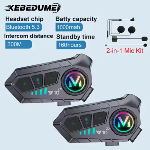 1/2x Music Interphone Motorcycle Helmet Intercom Headset BT5.3 Waterproof 300m Intercomunicador Spea
