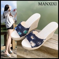 MANXIXI Fashion Women Wedge Heels 3.93 Inches Beautiful Denim Pattern Sandals (Size 35-42)