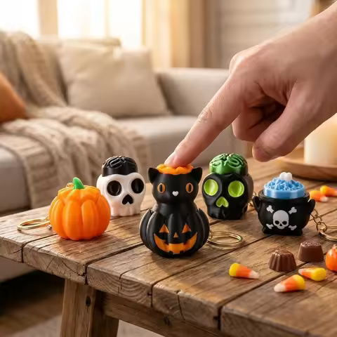 3D Printed Halloween Pumpkin Clicker Keychain Gothic Style Black Cat Skull Fidget Keychain Clicker W