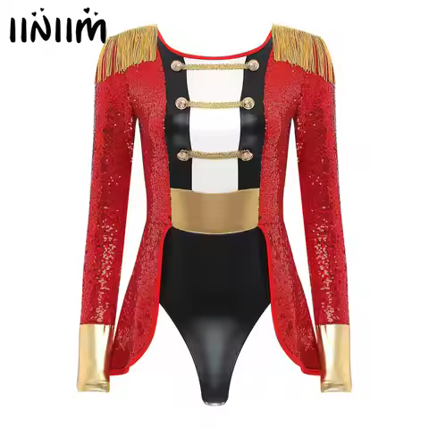 Womens Circus Ringmaster Majorette Carnival Cosplay Costume Fringe Epaulette Bow Bodysuit Jumpsuit L