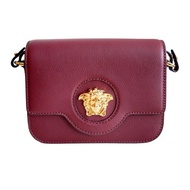 全新品 Versace酒紅色牛皮真皮亮金色Medusa立體Logo斜跨手袋包包