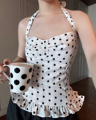 Womens French-Style Polka Dot Print Chest Pleated Halter Strap Vest Pure Princess Style Waist-Contro