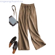 LAHSTORE wide-leg straight pants in linen with elastic waistband and waistband QD07 (Brown)