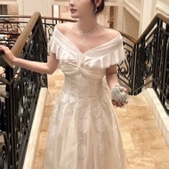 DR6 TWO-LAYER LACE DRESS WHITE LACE DRESS FOR PARTY AND WEDDING WITH LUXURY OFF-Shoulder Mesh BECHIC