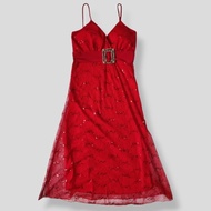 Vintage Poppy Red Sequined Midi Cocktail Dress 90s Y2K