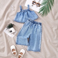 2pcs Baby Girls Denim Suspender Top & Elastic Waist Pants Set,Kid Girls Spring And Summer Casual Vac