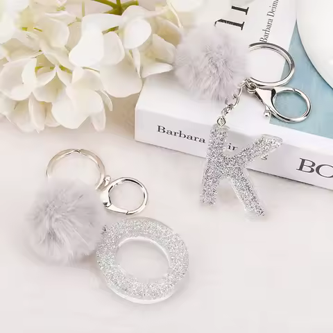 1PC Keyring Silver Color English Letter Resin Keychain with Puffer Ball 26 Words A TO Z Handbag Char