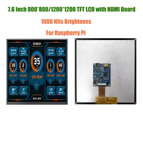 7.6 Inch 1200X1200 MIPI 1000nits HD-MI Square TFT LCD Touch Display with HD-MI Driver Board