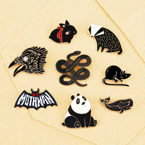 8 Styles Black Color Animal Brooch Cartoon Panda Rabbit Snake Eagle Bat Rat Whale Enamel Pins Jeans 