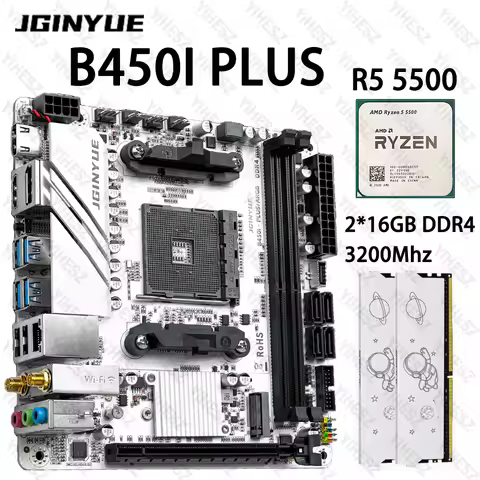 JGINYUE B450 ITX Motherboard Set AMD Ryzen 5 5500 AM4 2*16GB DDR4 3200Mhz RAM EXPO CPU Desktop PC Wi