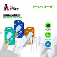 MAIMI T28 Smart Charger Kit 2.4A Dual USB + Data Cable (Micro / Type-C / iOS) | Original White Porta
