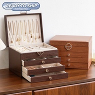 Portable Practical Walnut Wood Grain Jewelry Box with Lock Multi-Layer Drawer Storage Box Ring Neckl