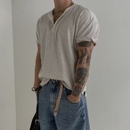 亨利領華夫格短袖T恤男 側開衩韓系休閒薄款 夏季百搭上衣- 灰色 M