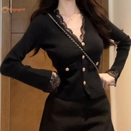 Legogoll Short Cardigans V Neck Elegant Lace Patchwork Vintage Woman Sweaters Autumn Winter Korean F