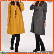 Plus Size Dress Women Long Sleeve Causal Long Dress Solid Color Loose Dress
