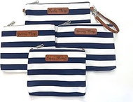 Stylish Diaper Bag Organizing Pouches XL Set of 4 Navy and White Striped Canvas Diaper Bag Pouches with Leather Embossed Labels, Leather Wristlet Strap &amp; Durable Metal Zippers