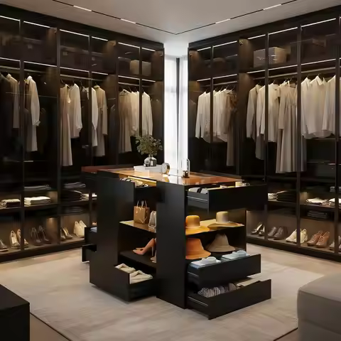 LED Wardrobe Armoire Island with Glass Top, Luxury Walk-in Closet Island, Modern Closet Island with 