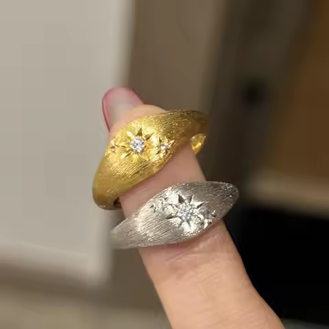 925 silver vintage brushed six star awn Female Ring with diamonds antique gold craftsmanship star ri