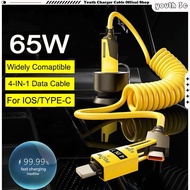 4 in 1 65W Telescopic Spring Data Cable 6A USB/Type C Spring Telescopic Quick Charger Cable Coil Spr