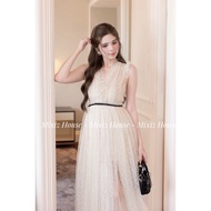 Mixiz Houze black bow pleated mesh lace maxi dress
