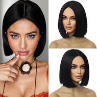Rambut Palsu Hitam Bob Rambut Palsu Rambut Lurus Pendek Bahagian Tengah Rambut Palsu Hitam untuk Wan