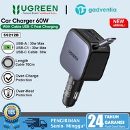 UGREEN Car Charger 2 In 1 Retractable Cable Type C Fast Charging 60W-145W For iPhone Android