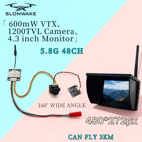 SLONWAKE 5.8G 48CH FPV 600mw VTX 1200TVL Camera 4.3inch Monitor for Racing Drones, RC Cars and Model