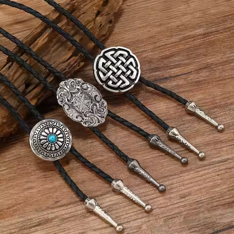 Vintage Leather Rope Bolo Tie for Men Women Western Cowboy Necktie Balo Tie Bull Circular Cross Star