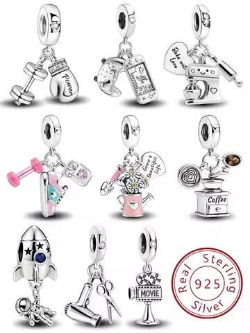 925 Sterling Silver Fashion Coffee Astronaut Watering Tool Rocket Charm Pendant for Bracelets DIY Wo
